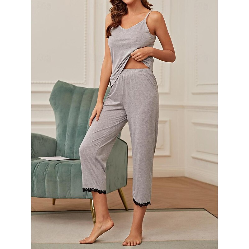Women's Pajamas Sets Pure Color Comfort Home Daily Bed Breathable Strap Top Pant Summer Home Outfits2