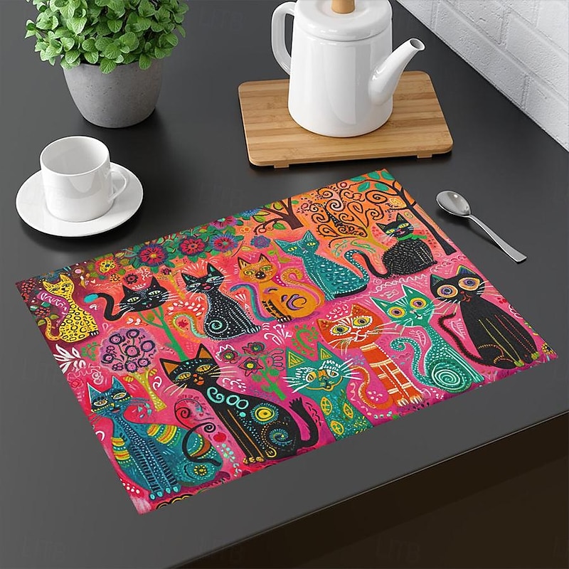 Linens Dining Table Placemats Doodle Art Cat Series Waterproof Oil Proof and Insulated Household Dining Table Mats Heat Resistant Waterproof Oil Proof and Insulated Household Dining Table Mats for Kitchen Coffee Center Table Side Party 1PC4