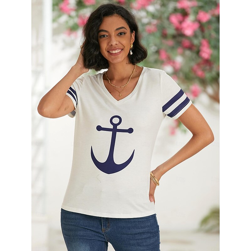 Women's T Shirt Burgundy Tee Basic Anchor Print Short Sleeve Regular Tops V Neck Daily Weekend White Blue4