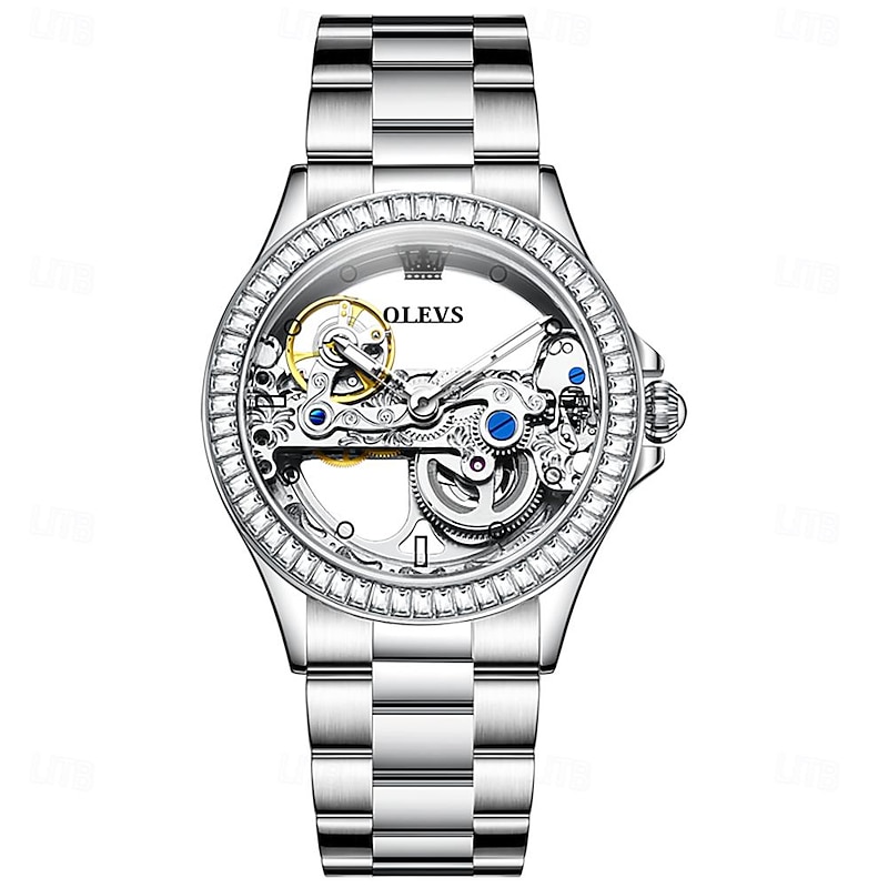 OLEVS Women Mechanical Watch Fashion Rhinestone Business Wristwatch Hollow Skeleton Waterproof Alloy Genuine Leather Watch3