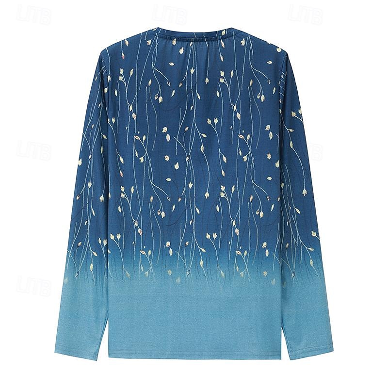 Women's T shirt Long Sleeve Crew Neck Long Sleeve Tunic Elegant Basic Floral Print Regular Tops Round Neck Holiday Weekend Blue Fuchsia Gray Light Blue Fall & Winter Prefall3