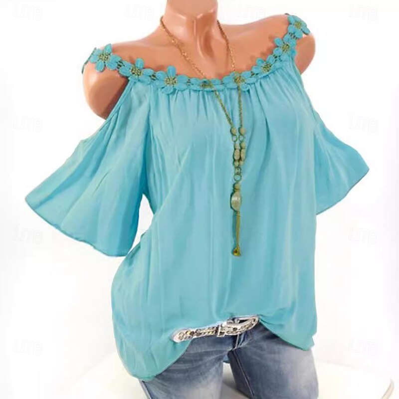 Shirt Lace Shirt Blouse Women's White Pink Army Green Plain Cold Shoulder Street Daily Fashion Round Neck Regular Fit S4