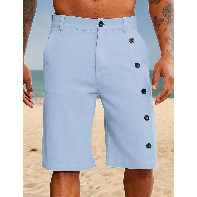 Men's Shorts Linen Shorts Summer Shorts Pocket Side Button Straight Leg Solid Color Comfort Breathable Knee Length Casual Daily Vacation Fashion White Blue Inelastic4