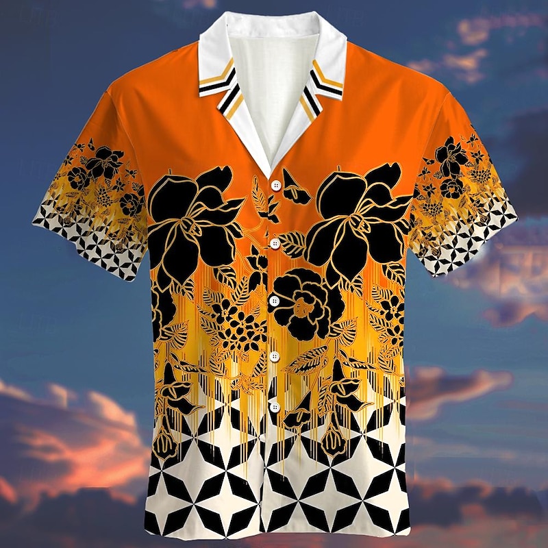 Men's Ombre Floral Geometic Summer Hawaiian Shirt Camp Collar Shirt Aloha Shirt Short Sleeve Shirt Turndown Fashion Hawaiian Designer Outdoor Street Casual Yellow Blue Orange S M L4