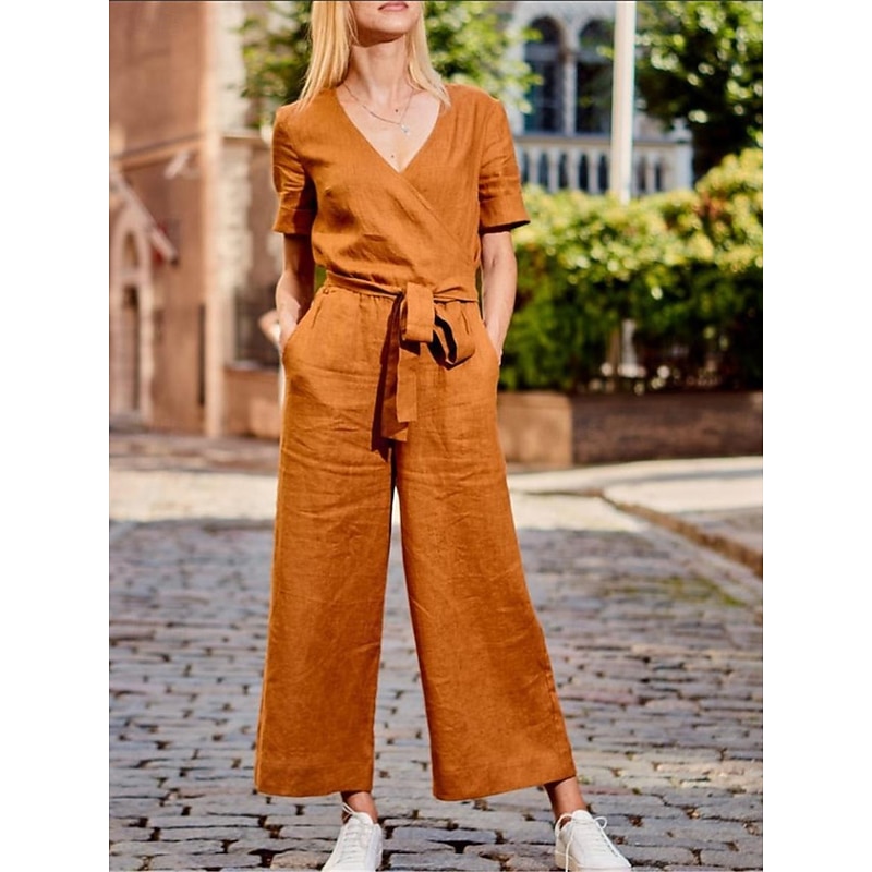 Women's Normal Jumpsuit Streetwear Solid Color Short Sleeve V Neck Lace up Pocket Street Daily Regular Fit Black Fuchsia Khaki Summer