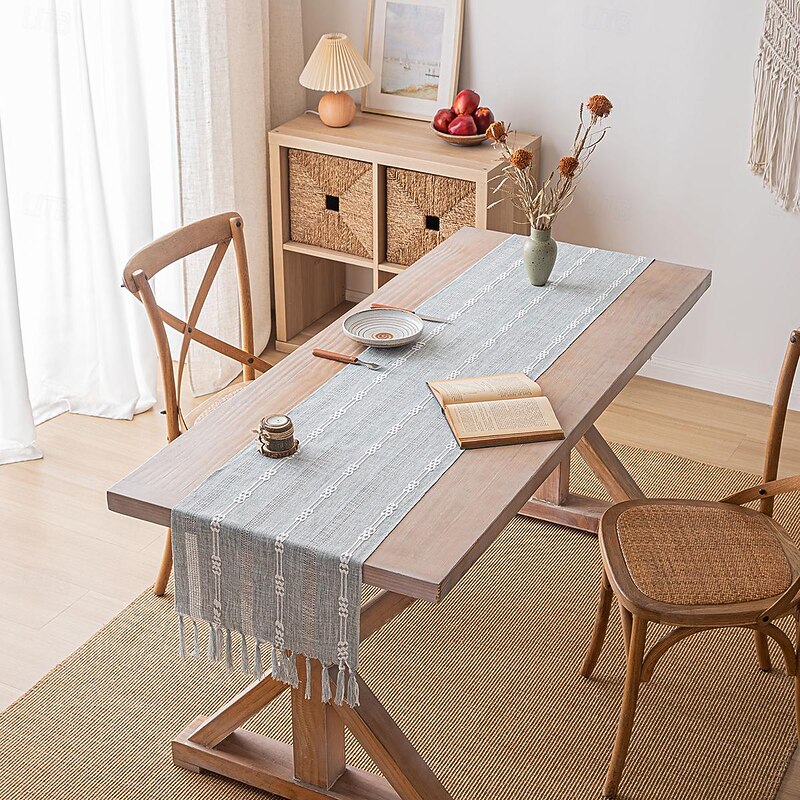 Boho Table Runner for Home Decor 72 Inches Long Farmhouse Rustic Table Runner Cream & Brown Macrame Table Runner with Tassels for Dining Living Room Bedroom Decor Bridal Shower3