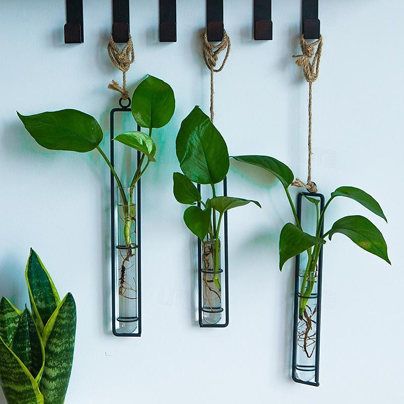 Wall Decoration Creative Iron Glass Vase Hemp Rope Pendant Living Room Hydroponic Pothos Plant Container Hanging