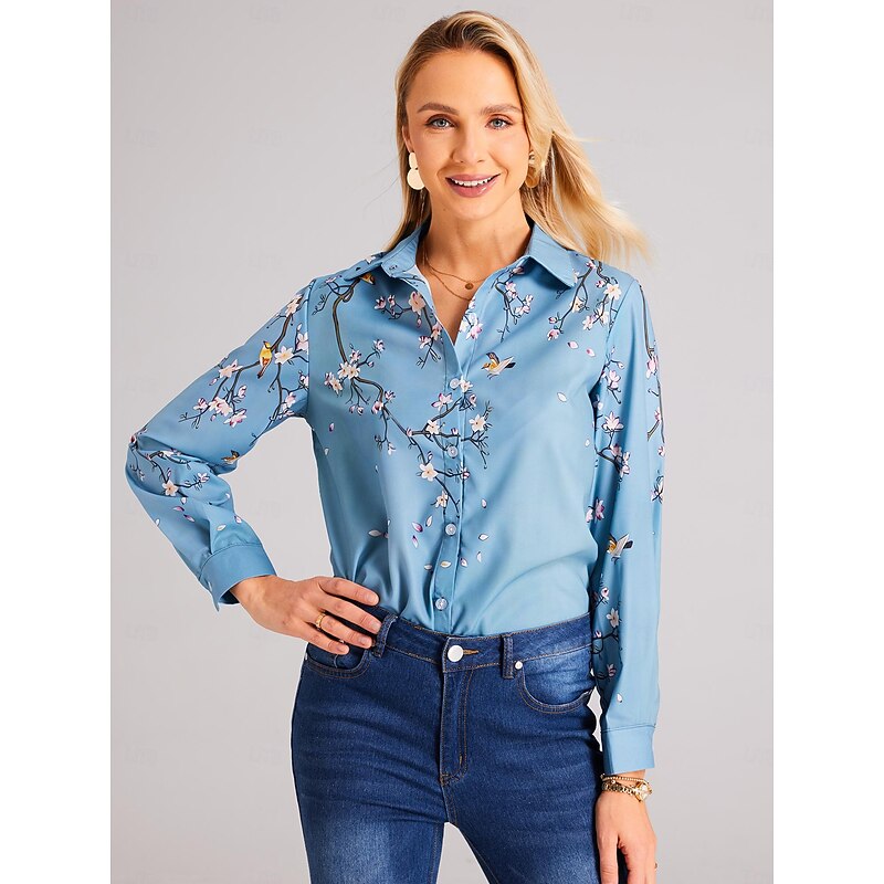 Women's Shirt Button Down Tunic Shirt Collar Long Sleeve Floral Print Green Purple Blue Casual Holiday Elegant Fashion Spring Summer2