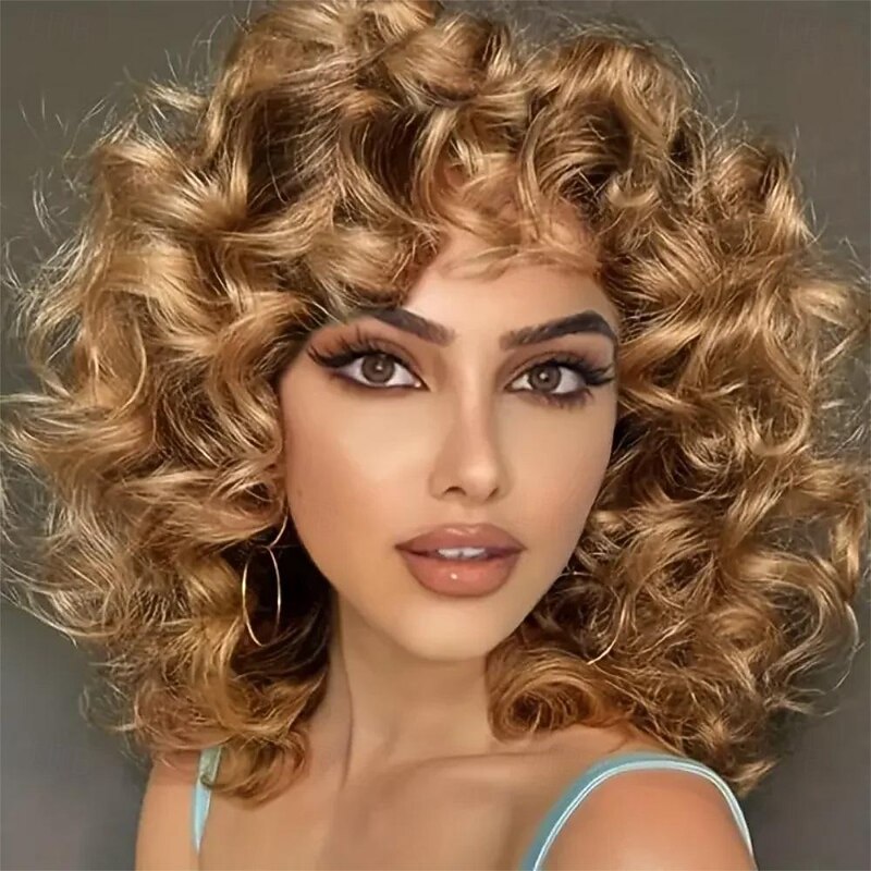Afro Curly Wigs For Women Big Blonde Wigs With Bangs Shoulder Length Hair High Heat Resistant Synthetic Wig