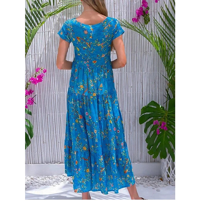 Women's Swing Dress Tiered Dress Floral Ditsy Floral Print Crew Neck Long Dress Maxi Dress Tropical Boho Home Holiday Short Sleeve Regular Fit Wine Blue Green Summer Fall S M L XL 2XL2