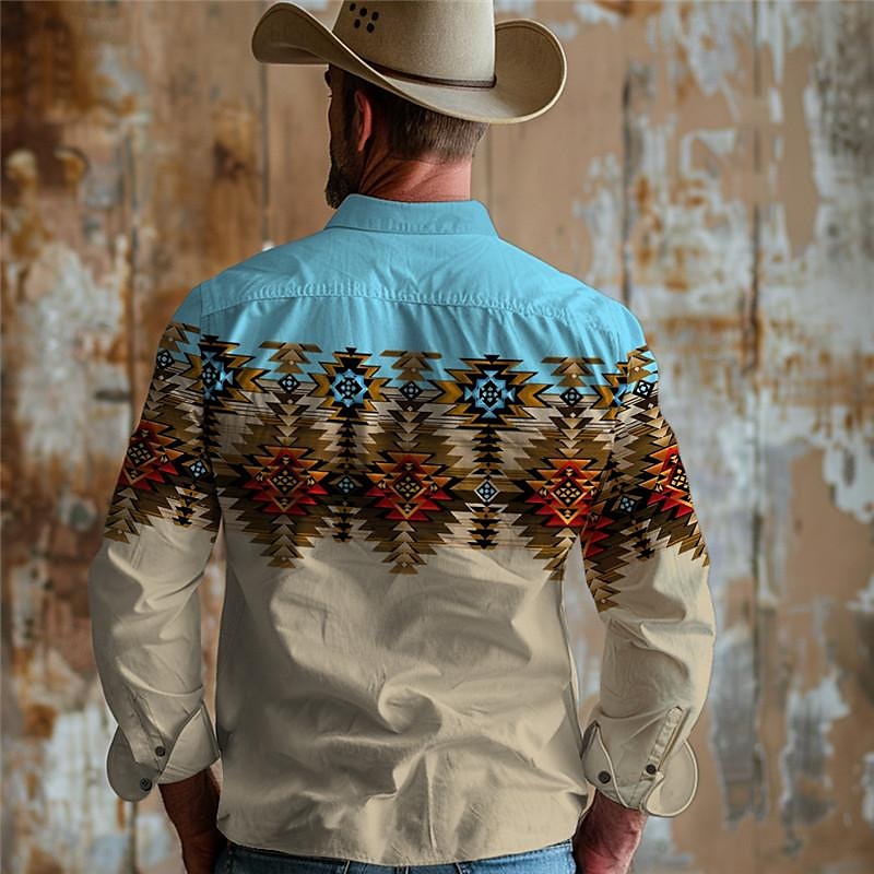 Men's Aztec Tribal Ethic / African Western Shirt Cowboy Shirt Long Sleeve Vintage Western Style Tribal Outdoor Vacation Horse Race Spring & Summer Turndown Print Button-Down Yellow Orange Khaki Light2