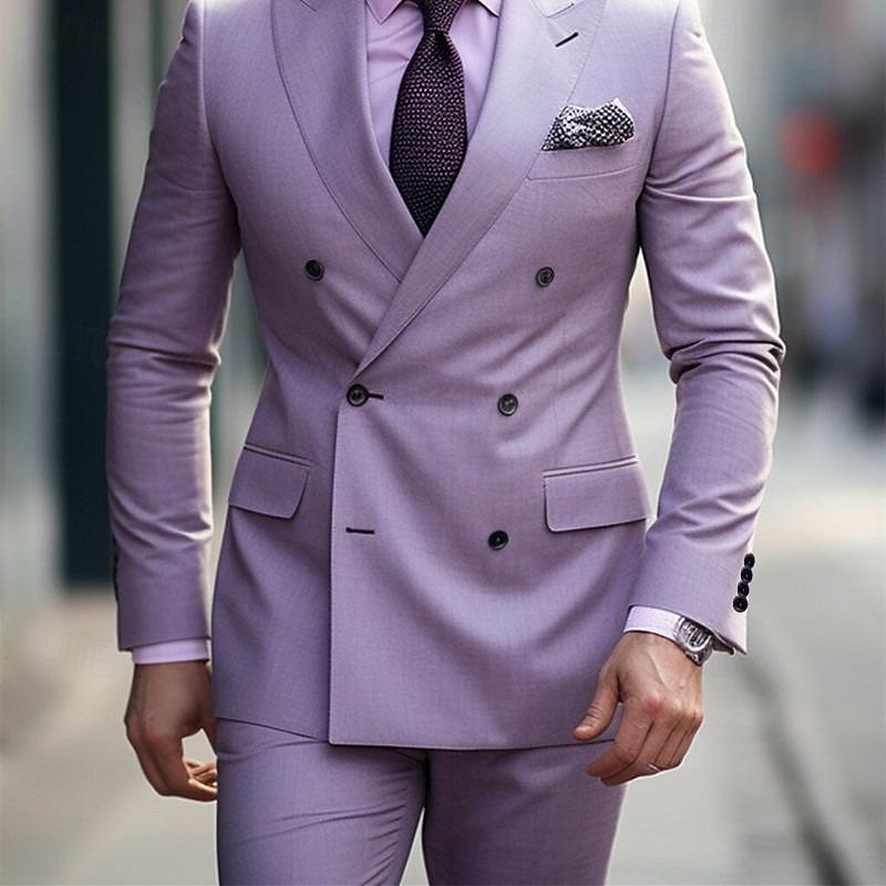 Men's Wedding Party Suits Peak Grape Purple Daily Business Solid Colored Tailored Fit 2 Piece Double Breasted Six-buttons4