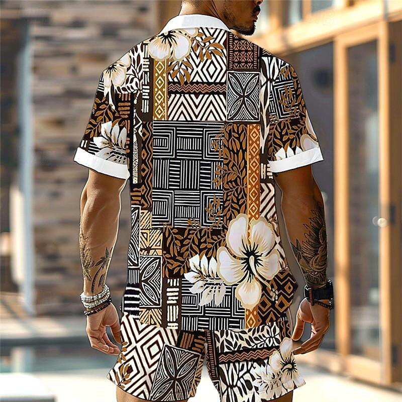 Men's Floral Geometric Pattern Ethnic 2pcs Shirts Sets Summer Hawaiian Shirt Short Sleeve Short Pants Turndown Vacation Hawaiian Outdoor Hawaiian Holiday Pocket Buttons Print Summer All Seasons2