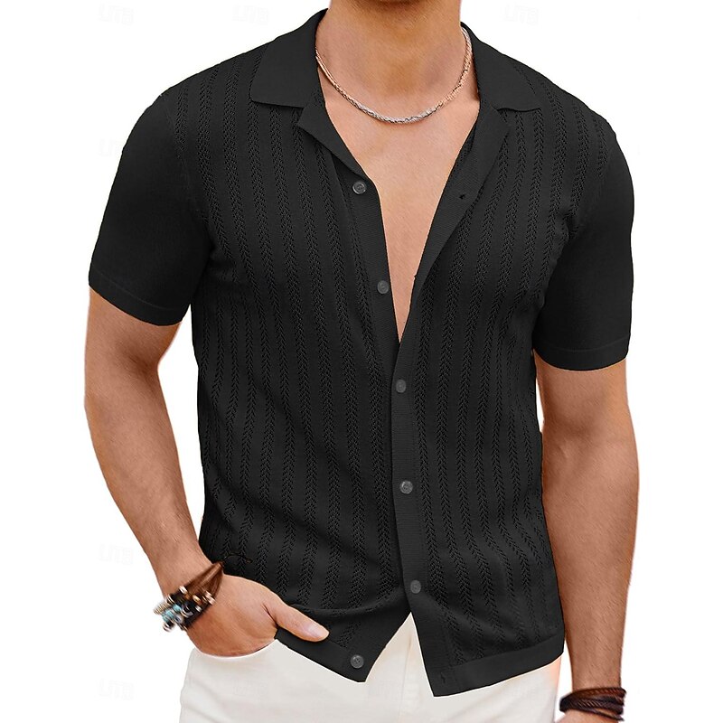 Men's Shirt Summer Shirt Button Up Shirt Cardigan Black Yellow Purple Deep Blue Short Sleeves Fashion Lapel Daily Wear Hole Clothing Apparel Modern Contemporary2