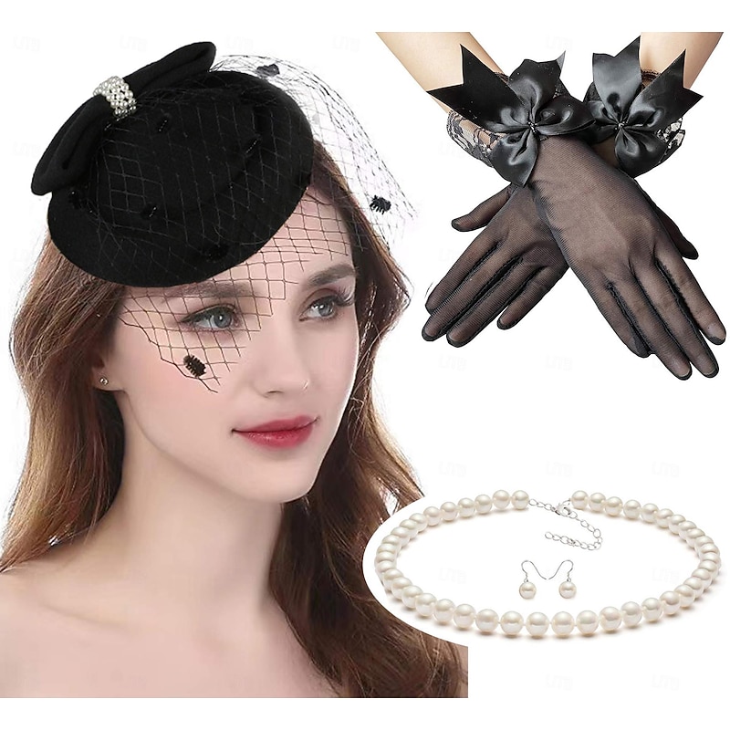 Classical Retro Vintage 1950s Outfits Pillbox Hat Fascinators Hat Bridal Fancy Dress Women's Carnival Valentine's Day Wedding Wedding Guest Party / Cocktail Gloves Necklace Headwear