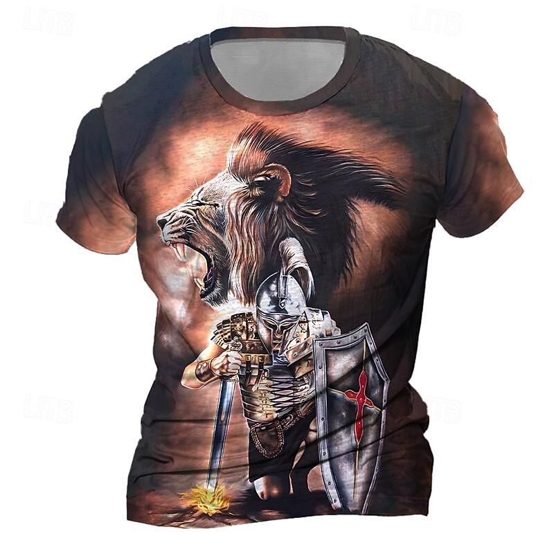 Men's Graphic Lion Knights Templar T Shirt Short Sleeve T shirt 3D Print Crew Neck Shirt Daily Designer Retro Vintage Sports Outdoor Holiday Going out Blue Red Brown Spring & Summer Clothing Apparel - Main Image