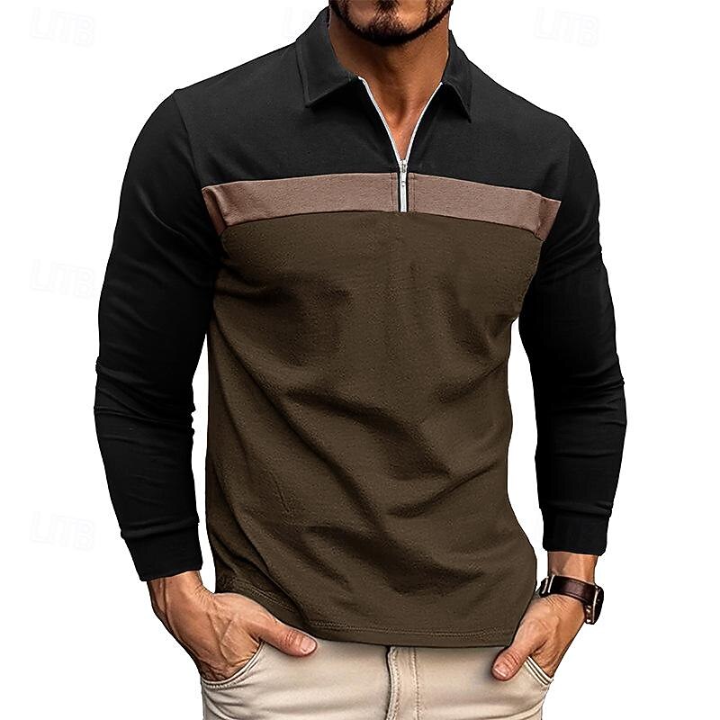 Men's Quarter Zip Polo Cotton Polo Shirt Daily Holiday Quarter Zip Long Sleeve Fashion Modern Color Block Patchwork Spring &  Fall Regular Fit White Wine Royal Blue Dark Grey Army Green Gray Quarter2