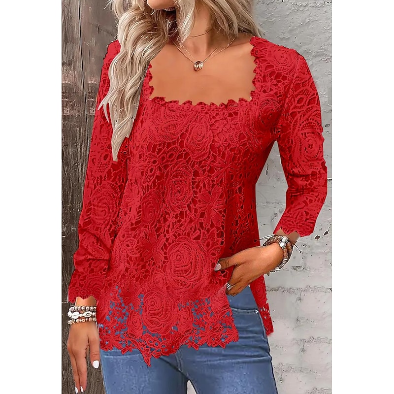 Shirt Lace Shirt Blouse Eyelet top Women's Black White Pink Plain Lace Street Daily Fashion Square Neck Regular Fit S4