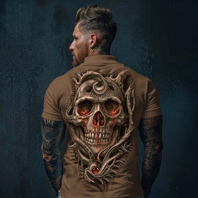 Day of the Dead Men's Skull Polo Shirts Short Sleeve Polo Shirts Collared Shirts Casual Horror Streetwear Festival Wear Party Outfits 3D Print Buttons Summer Spring Fall Black White Brown3