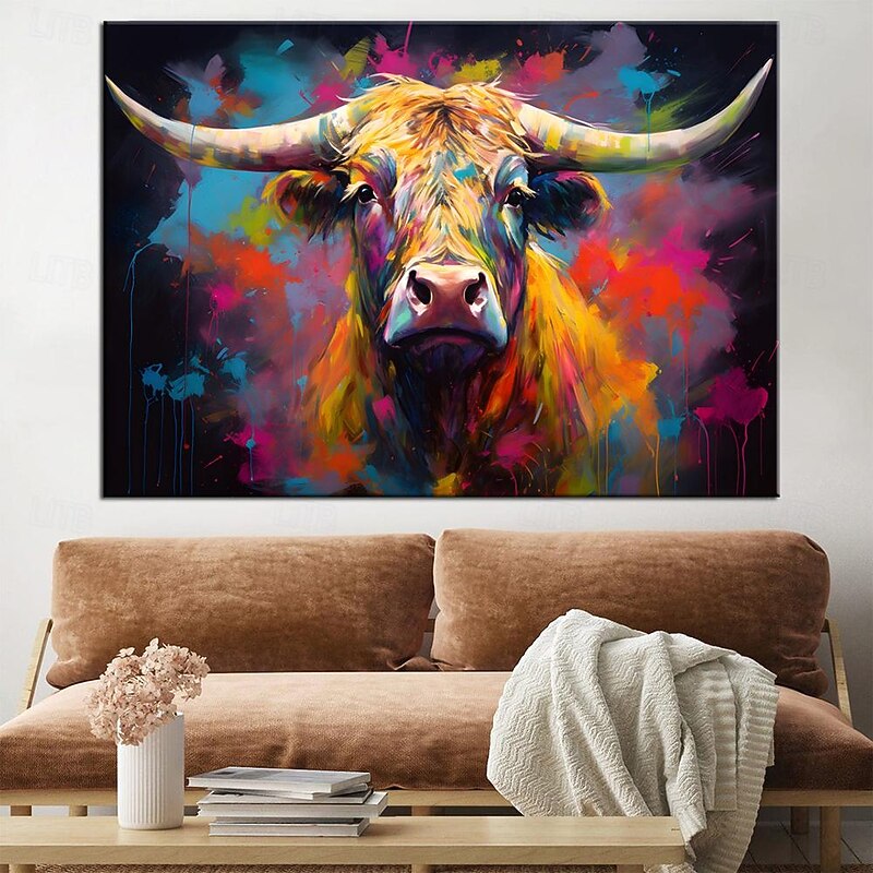 Hand painted Vibrant Colorful Abstract Cow Oil Painting on Canvas hand painted Rustic Farmhouse animal oil painting Pop Art Wall Decor Bright Colors animal painting for living room bedroom home decor4