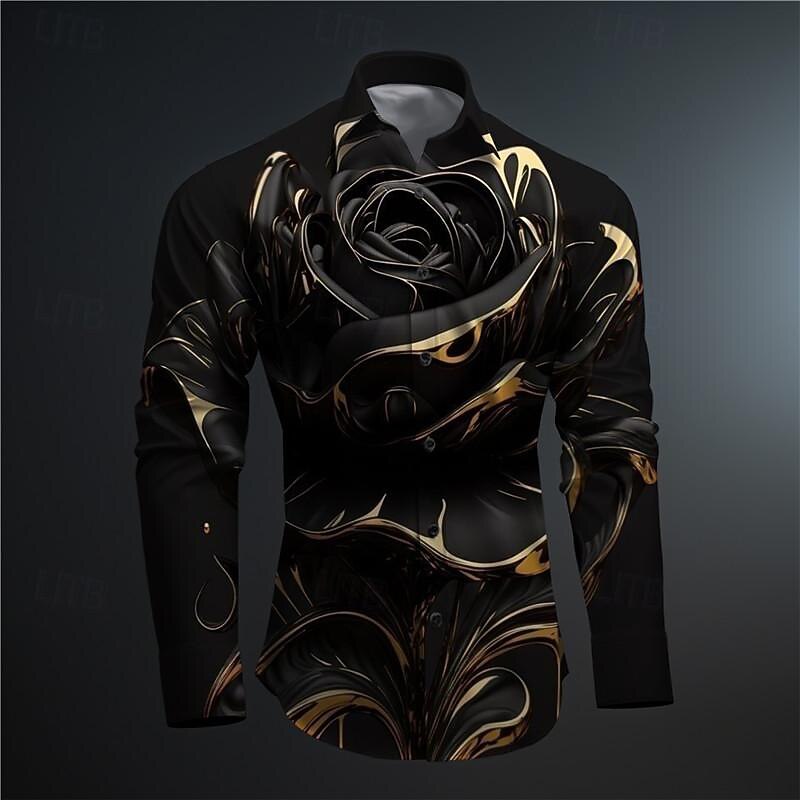 Men's Rose Geometric Pattern Button Up Shirt Printed Shirts Long Sleeve Subcultural Vacation Party Street Spring & Summer Turndown Print Button-Down Red Gold