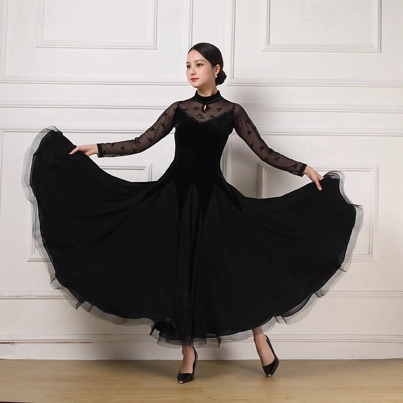 Ballroom Dance Dress Lace Pure Color Splicing Women's Performance Party Long Sleeve Charmeuse Pleuche