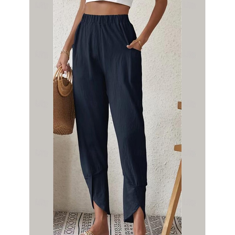 Women's Cotton Linen Pants Pants Trousers Casual Daily Ankle-Length Plain Side Pockets Elastic Waistband Breathability Comfortable Inelastic Weekend Black White Wine Dark navy Spring & Summer Regular4