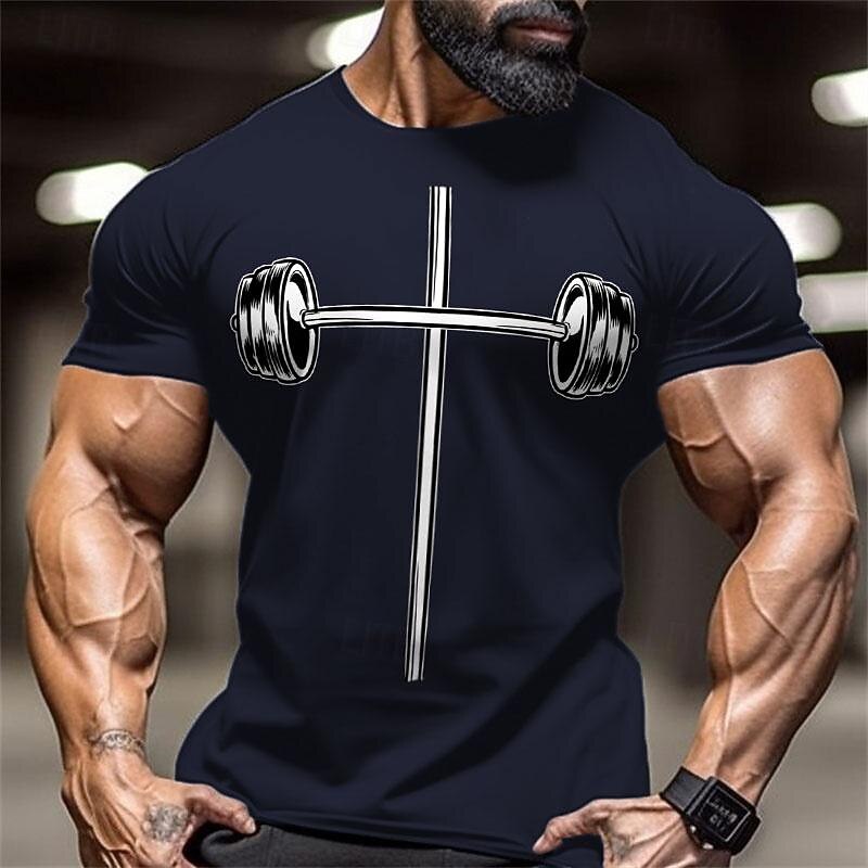 Men's Black Graphic T-Shirt Barbell Cross Gym Workout Short Sleeve Tee3