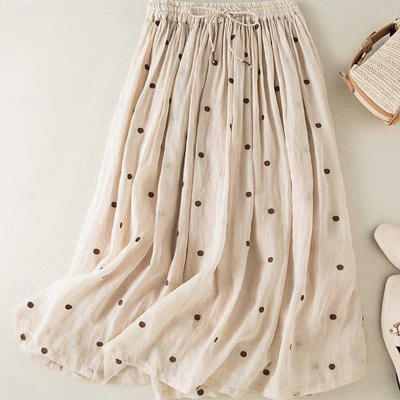 Women's Skirt A Line Fashion Casual Maxi High Waist Skirts Polka Dot Print Casual Daily Weekend Yellow Navy Blue Brown Green Summer Cotton And Linen