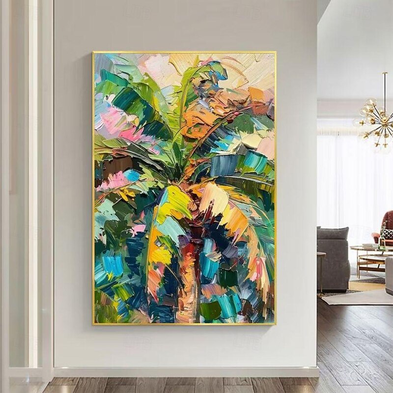Handmade Oil Painting Canvas Wall Art Decoration Abstract Thick Oil Knife Painting Colorful Large Banana Leaf Plant for Home Decor Rolled Frameless Unstretched Painting3