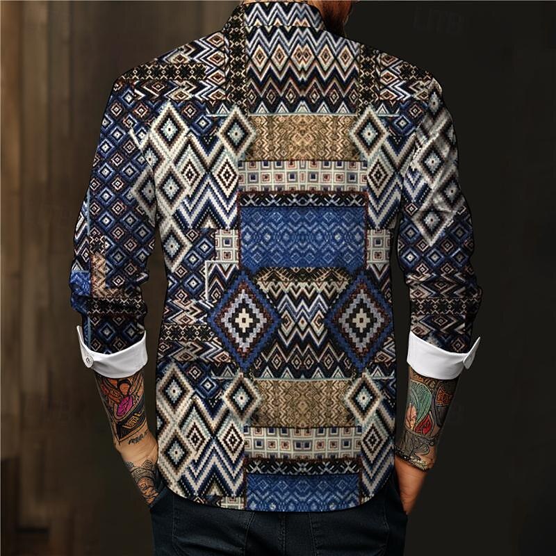 Men's Aztec Geometric Pattern Tribal Button Up Shirt Printed Shirts Long Sleeve Boho Vacation Street Horse Race Spring & Summer Turndown Print Button-Down Pink Red Navy Blue Blue3