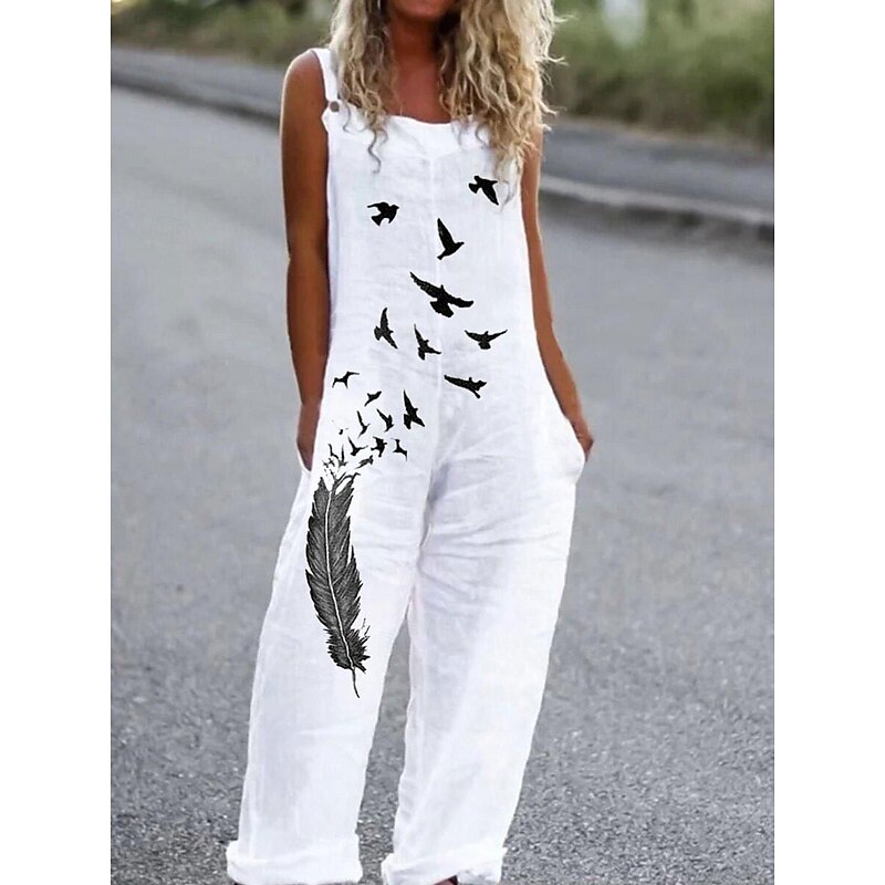 Women's Jumpsuit Dungarees Sleeveless Butterfly Print Top White Pants Casual Comfortable Adjustable Strap Straight-Leg Summer Fashion Clothing Apparel4