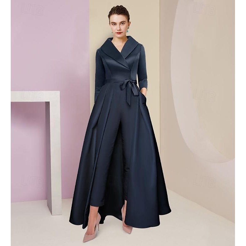 Jumpsuit Mother of the Bride  Tuxedo  Formal Wedding Guest Elegant Party Simple Shirt Collar Ankle Length Satin 3/4 Length Sleeve with Bow(s)