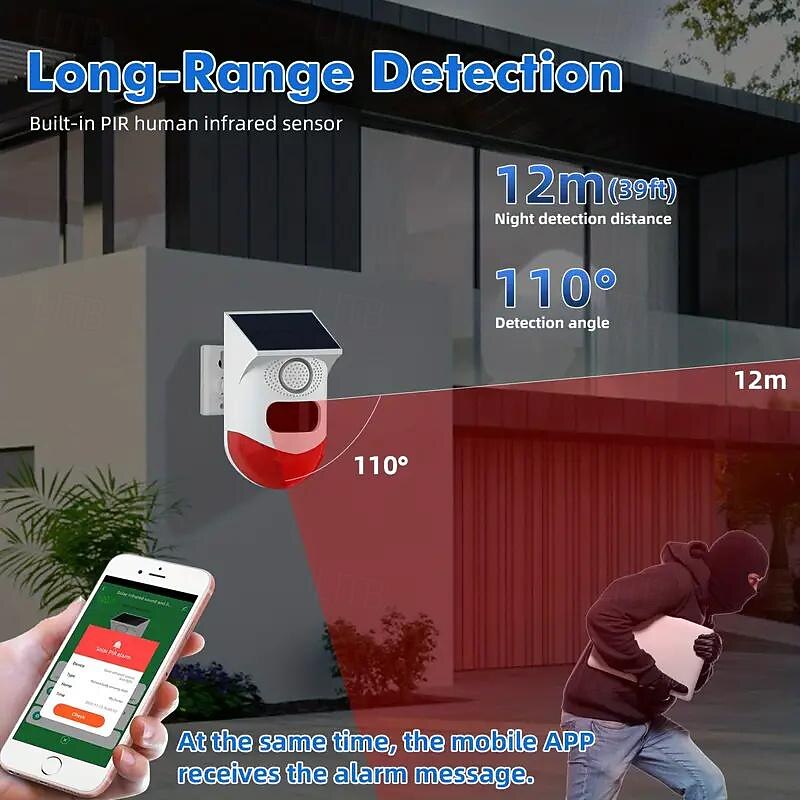 Solar Strobe Alarm Light with Motion Detection - 120dB Siren, 7 Modes, Remote Controller & Real-Time APP Notification for Home, Farm, Villa, Yard4
