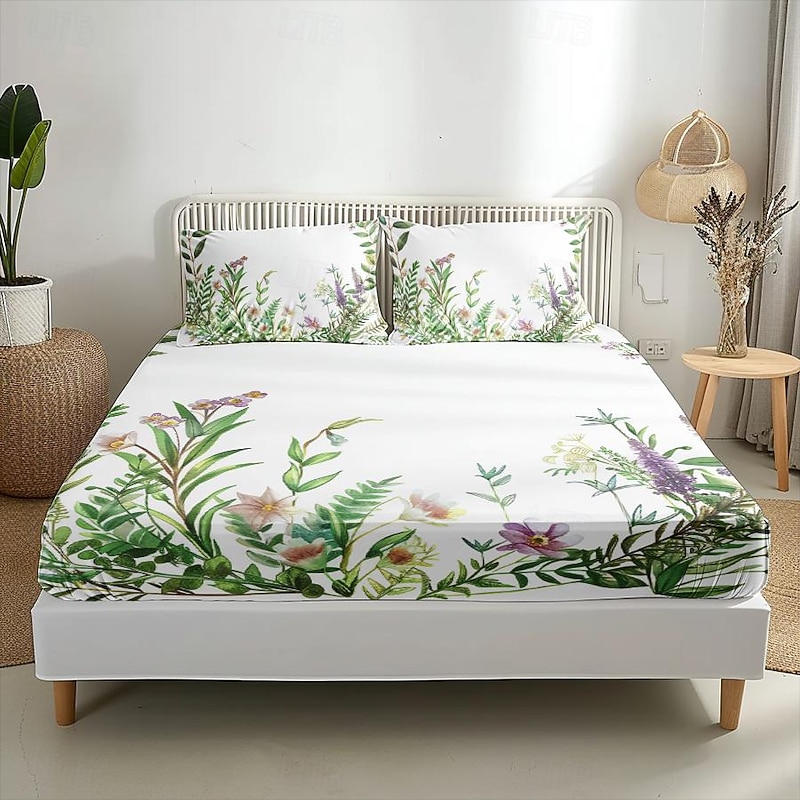 Floral Spring Pattern Fitted Sheet Set Ultra Soft Breathable Silky Bed Sheets Deep Pocket 100% Cotton Bedding Sheets 3 Piece Queen King Size2