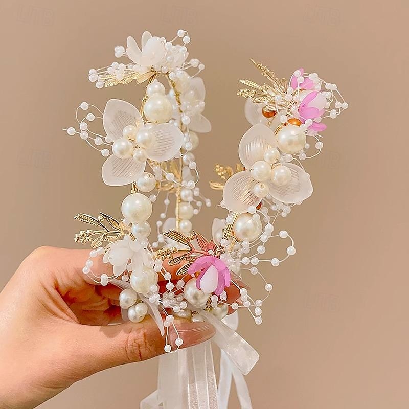 Kids Unisex Hair Accessories Floral 1# white bead flower ribbon headband 2#Purple Bead Flower Ribbon Headband4