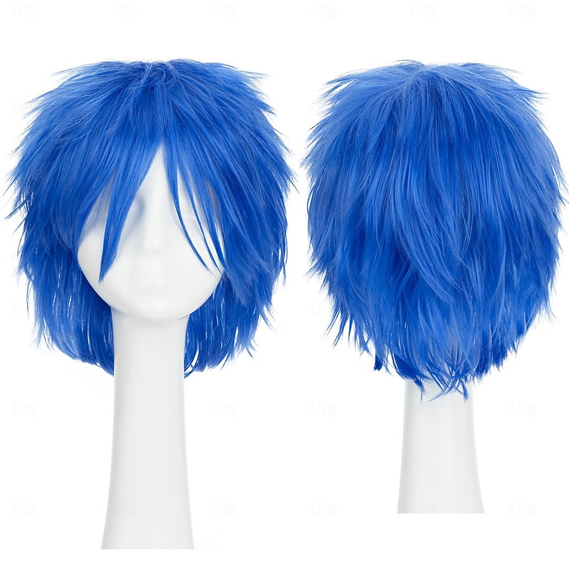 Women Mens Male Short Fluffy Straight Hair Wigs Anime Cosplay Party Costume Dress Synthetic Spiky Wig Dark Blue Halloween Wigs2
