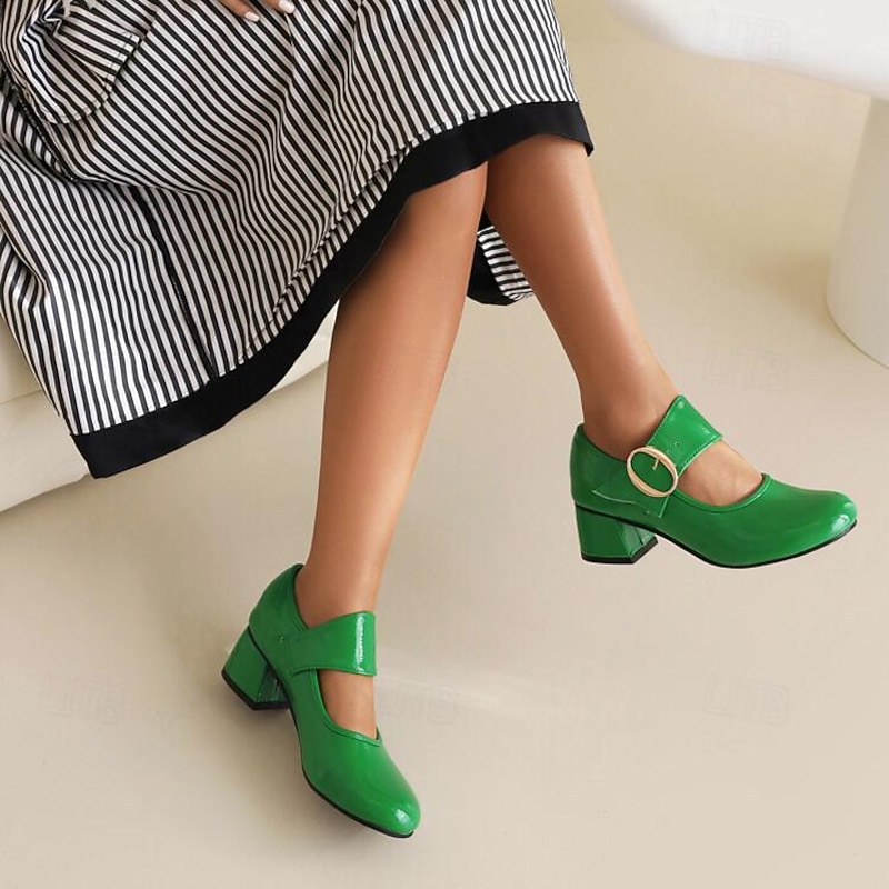 Women's Green Patent Leather Mary Jane Pumps with Gold Buckle and Block Heel, Retro Dress Shoes for Work, Parties, and Vintage-Inspired Outfits3
