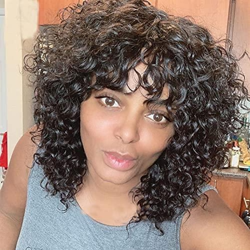 Curly Full Machine Made Scalp Top Wig With Bangs Scalp Top Kinky Curly Wigs Remy Brazilian Curly Human Hair Wigs For Women Natural Color 8-30 inch4