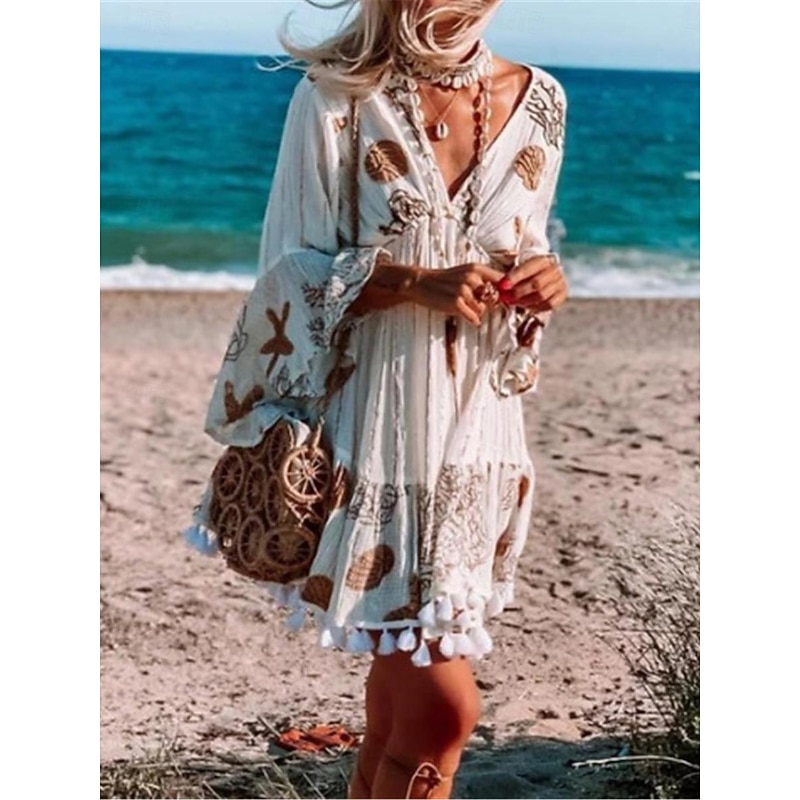 Women's Casual Dress Graphic Tassel Fringe Print V Neck Mini Dress Bohemia Vacation Beach Summer3