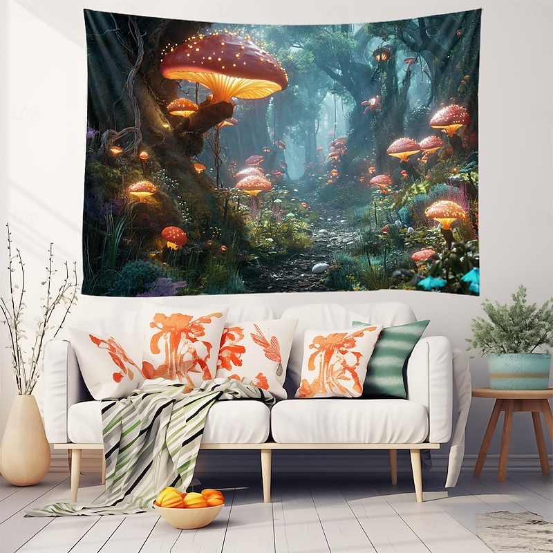 Trippy Forest Mushrooms Hanging Tapestry Wall Art Large Tapestry Mural Decor Photograph Backdrop Blanket Curtain Home Bedroom Living Room Decoration2