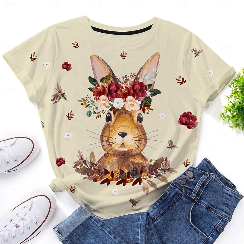 Women's Bunny Rose Crown T-shirt Blue Floral Crew Neck Stretch Casual Everyday Spring Summer Wear Multiple Sizes 5