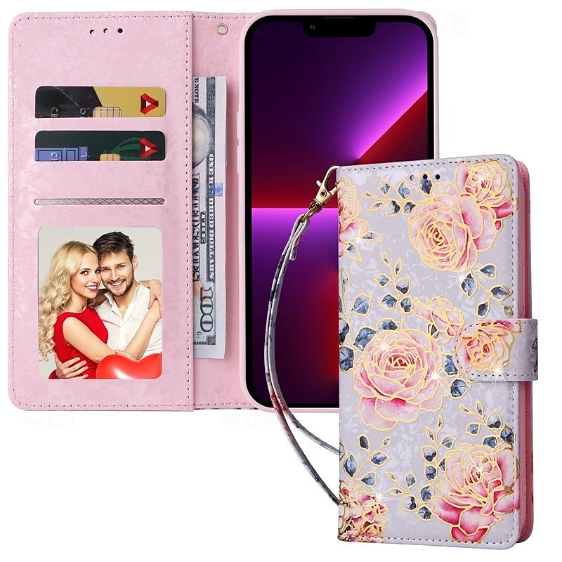 Phone Case For Samsung Galaxy S25 S24 S23 S23 FE S22 S21 Ultra Plus A14 A34 A54 A24 Wallet Case with Wrist Strap Kickstand Card Slot Flower Floral TPU PU Leather3
