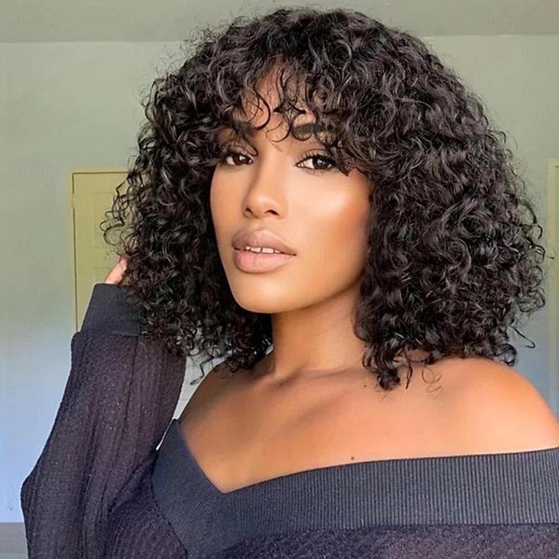 Short Pixie Bob Cut Human Hair Wigs With Bangs Jerry Curly For Women Brazilian Highlight Honey Water Wave Blonde Colored Wigs