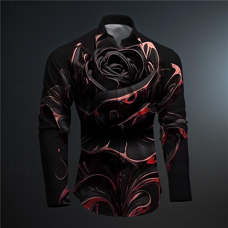 Men's Rose Geometric Pattern Button Up Shirt Printed Shirts Long Sleeve Subcultural Vacation Party Street Spring & Summer Turndown Print Button-Down Red Gold4