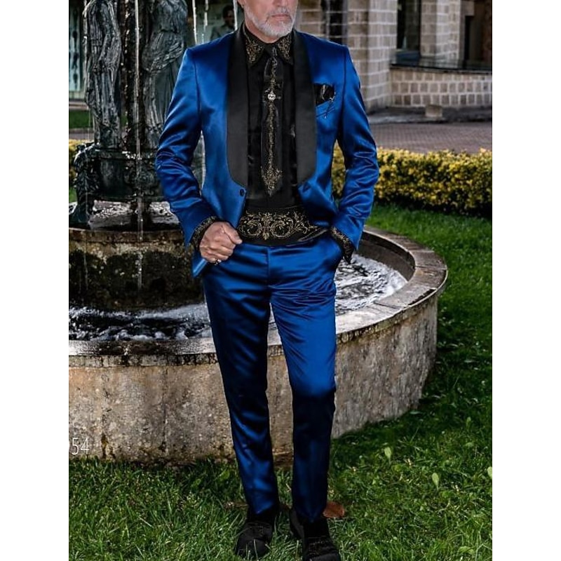 Men's Wedding Party Evening Wear Suits Shawl Collar Royal Blue Purple Luxury Solid Colored Tailored Fit 2 Piece Single Breasted One-button2