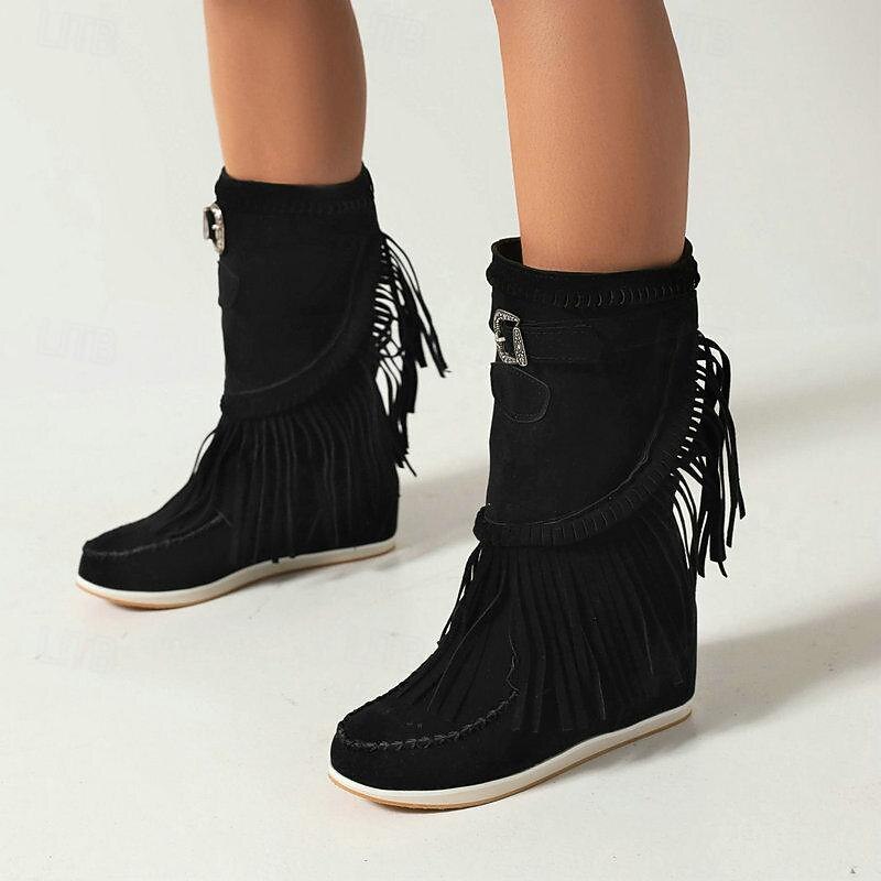 Women's Brown Fringe Wedge Boots – Faux Suede Mid-Calf Moccasin Style Boots for Fall Festivals, Parties, and Casual Outfits4