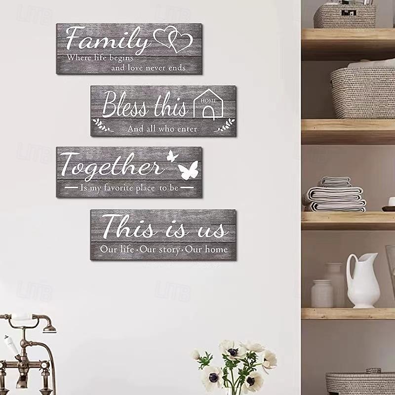 4pcs/set Home Wall Signs THIS IS US TOGETHER BLESS THIS HOME FAMILY Wall Decor For Living Room Bedroom Including Tape2