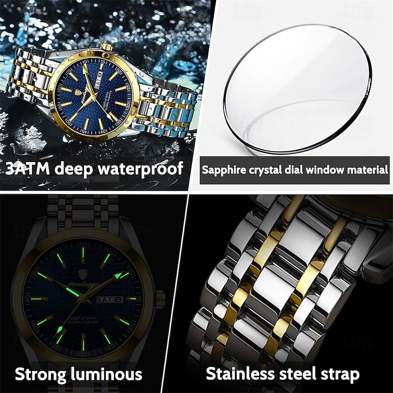 POEDAGAR Men Quartz Watch Minimalist Fashion Business Wristwatch Luminous Calendar Date Week Waterproof Steel Watch3