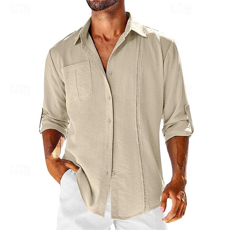 Men's Shirt Linen Shirt Cotton Linen Shirt Summer Shirt Beach Shirt Plain Hawaiian Holiday Black White Navy Blue Apricot Long Sleeve Lapel Spring &  Fall Clothing Apparel Patchwork